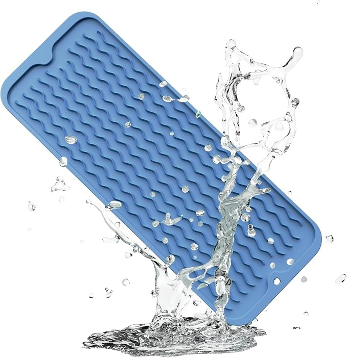 ZLR Small Dish Drying Mat for Kitchen Counter, 6"x17", Lichen Blue | Narrow Silicone Drainer for Apartment, Dorm & RV, Wavy Ridges Quick-Dry, Non-Slip, Rolls Up, Dishwasher Safe