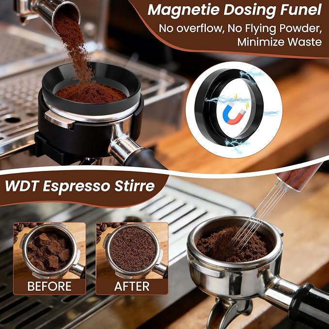 9-in-1 Espresso Tool Set: 51mm Tamper, WDT Tool, Distributor, Magnetic Funnel, Puck Screen, Brush, Cleaning Cloth, Latte Art Needle & Wooden Stand for Breville De'Longhi