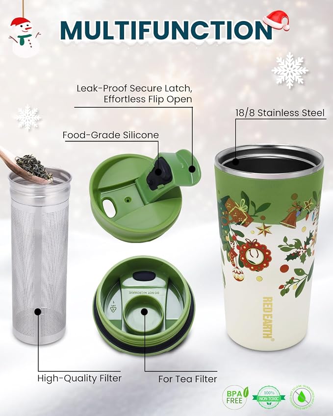 GiNT 17oz Christmas Tea Cup with Infuser and Lid - 4D Gold Foil Pattern (Bells & Holly), 316 Stainless Steel Double Wall Vacuum Insulated Travel Tea Mug, Leak-Free, for Commuting/Camping Gifts