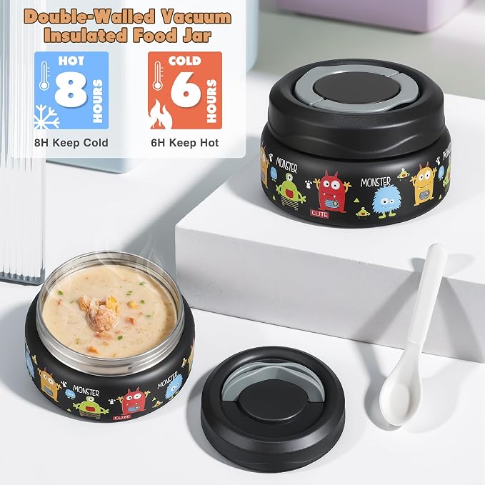 Bento Lunch Box for Kids with 7oz Soup Thermo,Insulated Stainless Steel Kids Water Bottle with Straw and Insulated Lunch Bag,Leak-Proof Lunch Food Container with Ice Pack for School(Black-Cute)