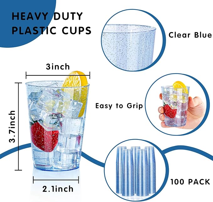 DaYammi 100 Pack Blue Plastic Cups 10 oz Disposable Cups Tumblers, Elegant Blue Glitter Party Drinking Cup Perfect for Wedding, Fancy Disposable Cup Plastic Cocktail Glasses Wine Glasses for Party