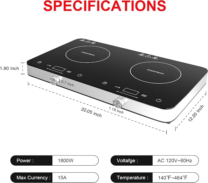 COOKTRON Double Induction Cooktop Burner, 1800w 2 burner Induction Cooker Cooktop, 10 Temperature 9 Power Settings Portable Electric Countertop Burner Touch Stove with Child Safety Lock & Timer