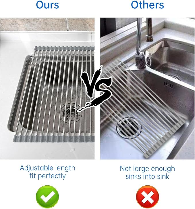 CHIRISEN Expandable Large Roll Up Dish Drying Rack 18 Tube 21.25x12.79''Collapsible Over The Sink Rack Non-Slip Silicone Rolling Dish Drainer Stainless Steel Roll Rack for Kitchen Sink Counter (Gray)