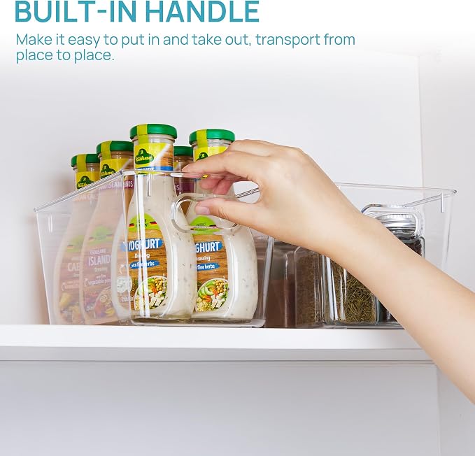 Vtopmart 2 Pack Clear Storage Bins, Pantry Cabinet Organizer Bins, Medium | Plastic Pantry Storage Bins with Handle, Storage Containers for Fridge, Cabinet, Kitchen, Countertops, Cupboard, Freezer