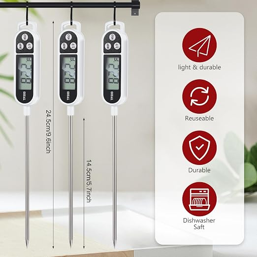6 Pcs Instant Read Meat Thermometer with Long Probe 9.65 Inch Kitchen Cooking Food Candy Waterproof Digital Thermometer for BBQ Water Milk Yogurt Liquid Cooking(White)