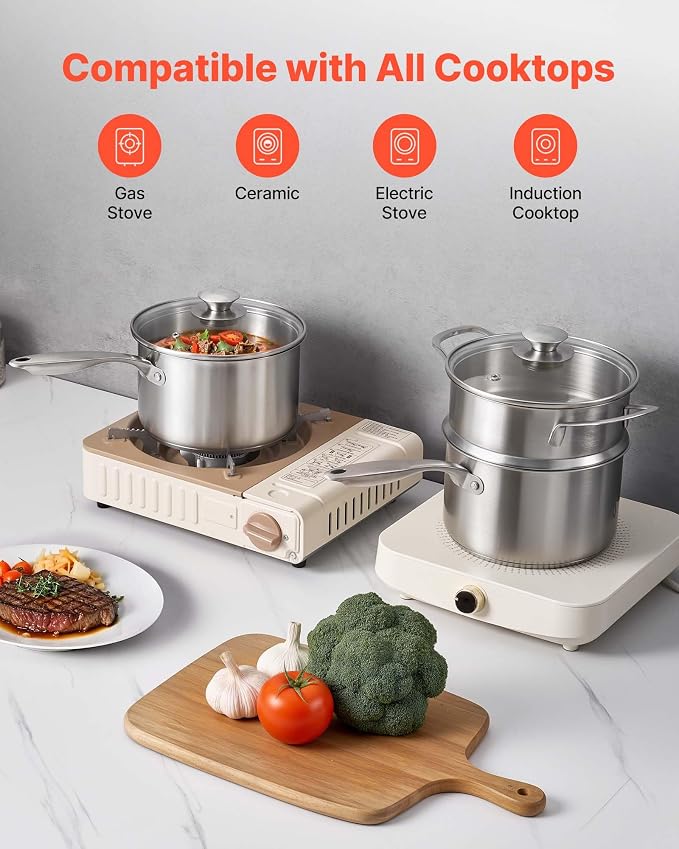 VEVOR 2.5 QT Saucepan with Steamer, Stainless Steel Saucepan with Glass Lid, Multipurpose Nonstick Stainless Steel Sauce Pot with Ergonomic Handle, Friendly for Oven, Dishwasher, Induction Cooker
