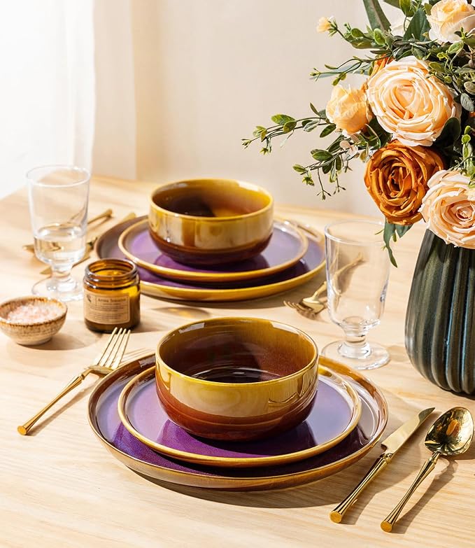 Ceramic Dinnerware Set for 4, 12-Piece Plates and Bowls Set | Handmade Reactive Glaze Dish Set, Scratch Resistant, Oven & Microwave & Dishwasher Safe, Amber Amethyst