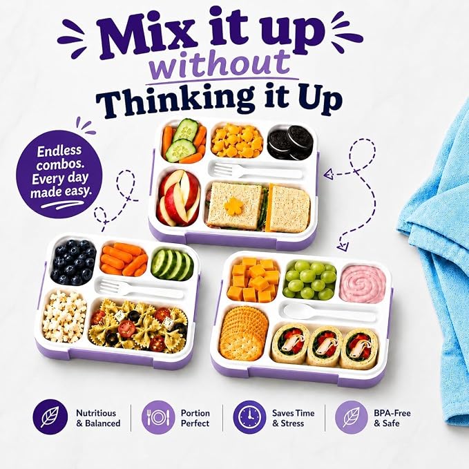 kinsho Bento Box for Kids Women - 6 Compartment, Leak-Proof Lunchbox for School, Portion Control & Meal Prep Containers, Reusable, BPA-Free Snack Container - Includes Utensil Set & E-Book, Purple