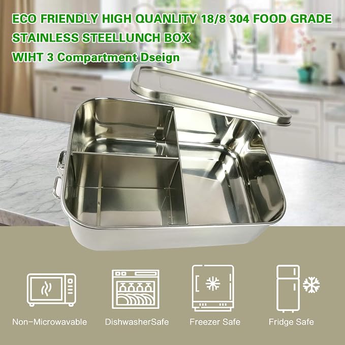 UPTRUST Stainless Steel Bento Box for Kids, 3-Compartment (40oz/1200ML) | Metal container with leak-proof lockable clips, for kids and adults lunch, meal prep, or travel