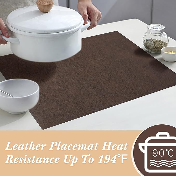 Leather Placemats Table Mats Set of 6, Brown and Tan | Reversible Non-Slip Table Placemats, Heat-Resistant and Waterproof for Dining Kitchen and Holiday Parties