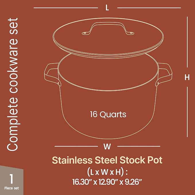 Bakken 16 Quart Ceramic Coated Stock Pot with Lid, Easy Clean Nonstick Pot, Tempered Glass Lid, Riveted Stainless Steel Handles, Oven Safe Up To 500°F, PTFE & PFAS Free, All Stove Compatible, Black
