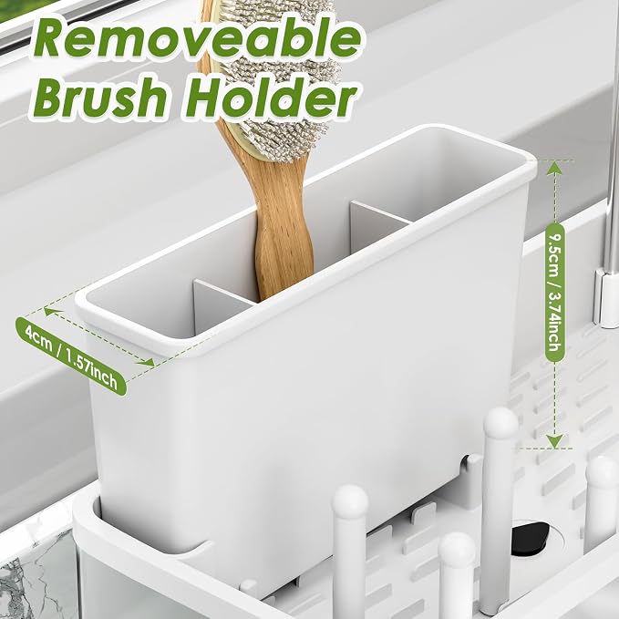 Ewaiira Stainless Steel Sink Caddy, Sponge Holder for Kitchen Sink 9.8″ | with Brush Holder & Dishcloth Rack, Rustproof Organizer Countertop, Soap Kitchen Organizers Storage Essentials, White