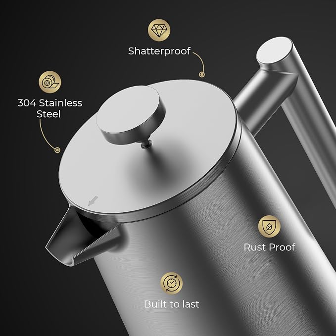 French Press Coffee Maker, Stainless Steel French Press 34 Oz / 1L, Double Wall Insulated Coffee Press with 3 Extra Mesh Filters, Metal Coffee Maker for Coffee & Tea, Satin Finish, Silver