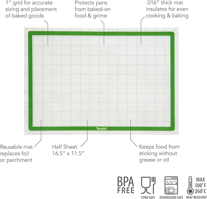 Tovolo TrueBake Silicone Baking Mat Half Sheet with Grid Lines for Baking Cookies Pastry Rolling Dough Cooking, Heavy Duty Heat Resistant Reusable Non Stick BPA Free Bakerware Liner Mat Oven Safe
