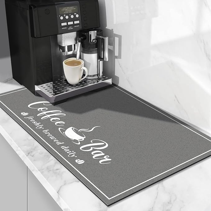 CooRug Fashion Coffee Mat, Dish Drying Mat 16" x 24" Dark Grey | Hide Stain, Absorbent, Coffee Bar Accessories, Heat Resistant, Non-slip, Eco-friendly, Easy to Clean