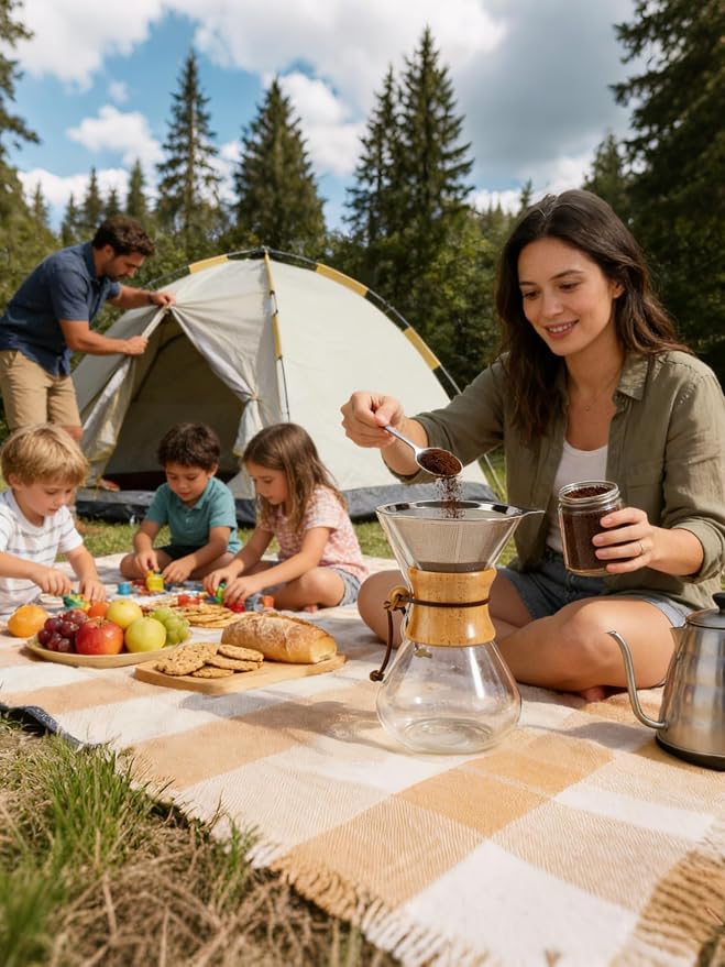 subjectthree Camping Pour Over Coffee Maker Kit 8 Cup (28 Ounce) | Drip coffee carafe with 304 Stainless Filter, Borosilicate glass, Easy clean & use for home kitchen, office, cafe, camping