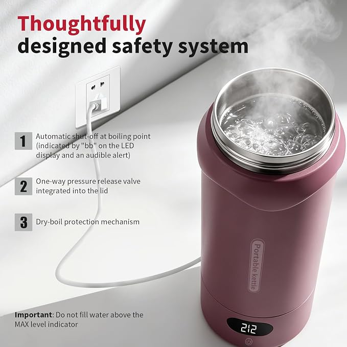 Travel Electric Kettle, Insulated Water Bottle with 4 Temp, Black Cherry | 316 Stainless Steel Liner, 400ml, Auto Shut-Off & Leak-proof, Mini Travel Essentials Portable Office Gifts for Tea Lovers