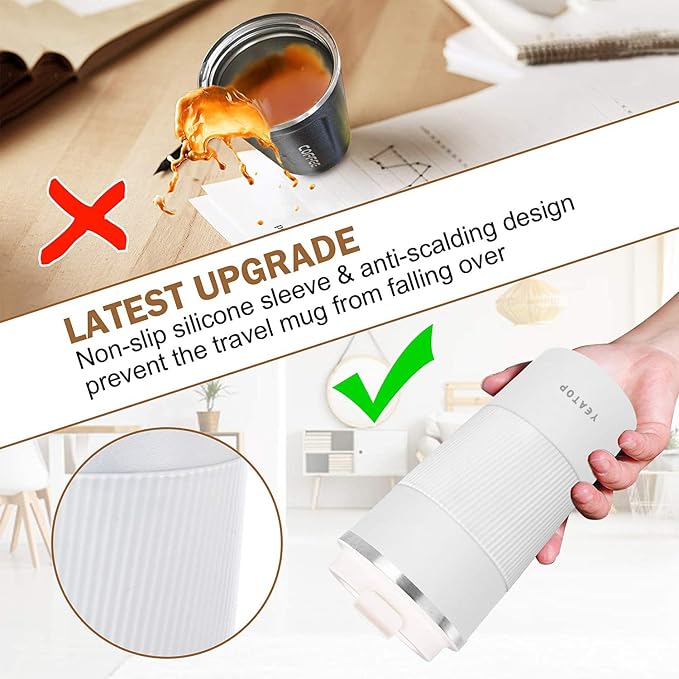16 oz Insulated Travel Coffee Mug, Spill Proof Coffee Mug To Go, Leak proof Reusable Thermal Coffee Cup With Lid, Stainless Steel Vacuum Coffee Tumbler for Hot/Cold Drinks (White, 510ml)
