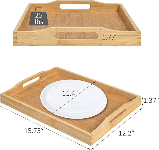 RRX Bamboo Food Serving Tray with Handles,Breakfast Bed Tray (Beige) | Wood Tray for Tea, Snack, Dinner, Home Decorative Storage Food, Platter, Ottoman for Kitchen Counter, Bathroom, Restaurant