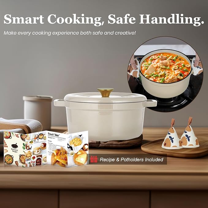 Overmont Enameled Cast Iron Dutch Oven - 5QT Pot with Lid Recipe Potholders | Pre-Seasoned Dutch Oven with Moisture-Sealing Lid, Oven Safe to 500°F, Heavy-Duty Cookware for Braising Stews Roasting Baking