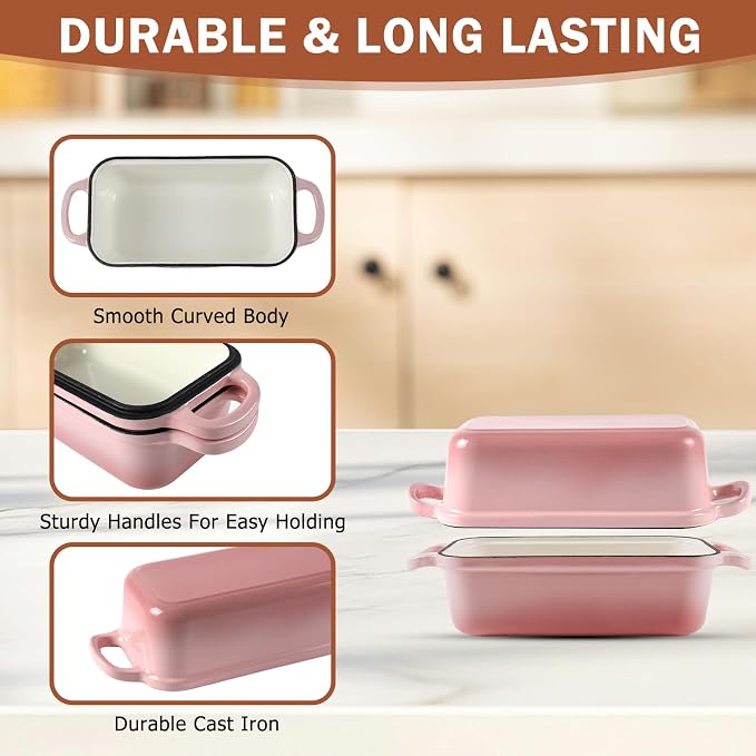 9 x 5 Inch Bread Pan Enameled Cast Iron Loaf Pan with Lid for Baking Pink | 2 in 1 Non-stick Sourdough Bread Loaf Pan for Homemade Bread, Oven & Stovetop Safe for Gas, Electric & Induction