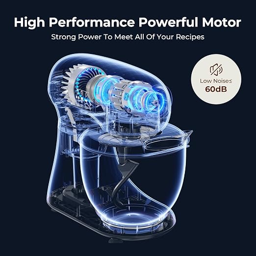 Electactic 5.3 Quart Electric Stand Mixer With 12 Speed, Low Noise | Electric Mixer With Tilt Head, Kitchen Mixer for Daily Use with Egg Whisk, Dough Hook, Flat Beater, Anti-slip Suction Cup