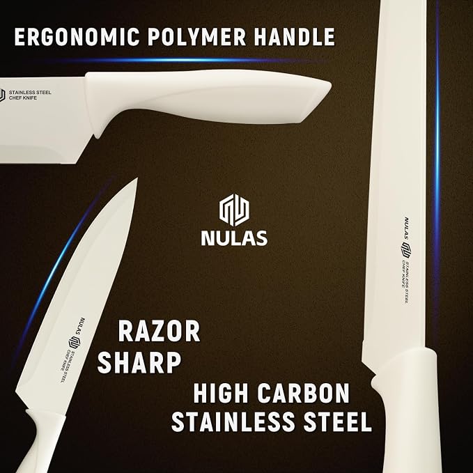15-Piece Kitchen Knife Set with Block and Built-In Sharpener, Cream | High-carbon stainless steel blades, nonstick coating, ergonomic handles and dishwasher-safe care