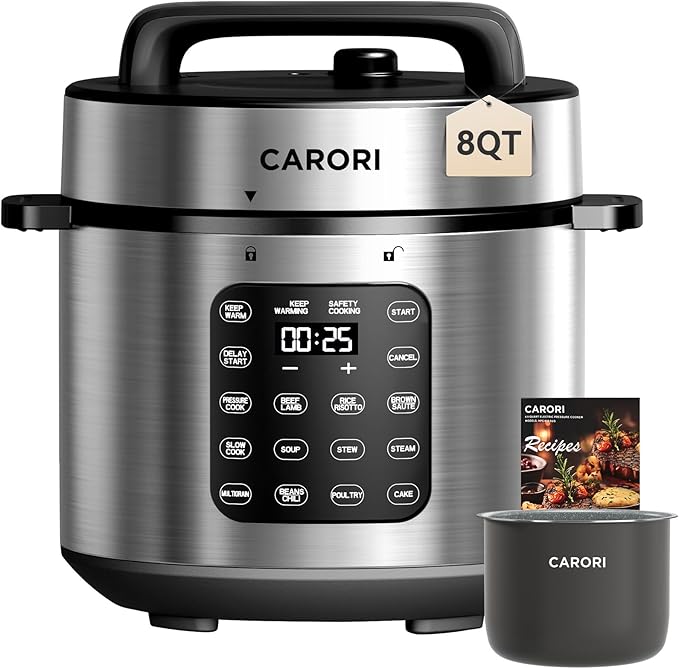 CARORI 9-in-1 Electric Pressure Cooker, 1200W Instant Multi-Cooker with IMD Touchscreen, Olla de Presion, Non-Stick Pot, Rice Cook, Slow Cook, Steamer, Sauté, Warmer, Safe Venting, Silver 8 Qt