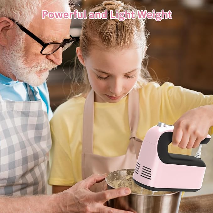 Yomelo 9-Speed Digital Hand Mixer Electric, 400W Powerful DC Motor, Hand Mixer Electric Handheld with Snap-On Storage Case, 5 Stainless Steel Accessories, Beaters, Dough Hooks, Whisk(Pink/Black)