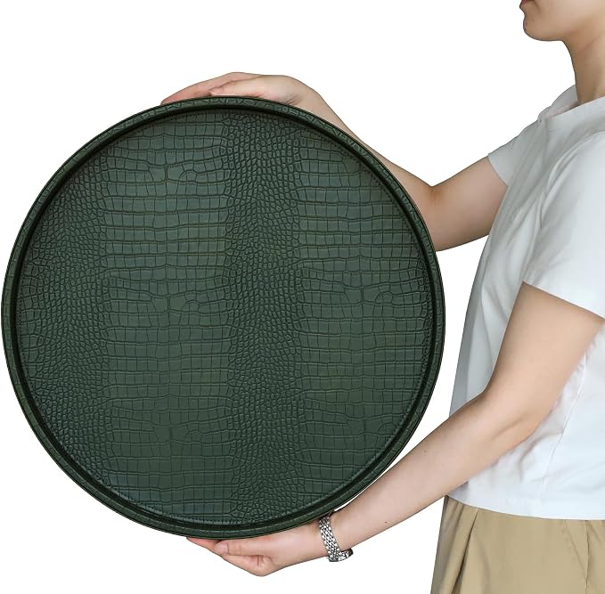 HofferRuffer Round Serving Tray 20'', Elegant Faux Leather Circle Ottoman Table Tray, Serve Tea Coffee Breakfast in Bedroom Living Room Kitchen(Green, 20")