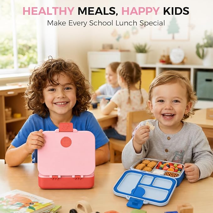 Kids Stainless Steel Bento Lunch Box, 4 Compartments | Leak-Resistant 4 Cups Lunch Container for Ages 4+ with Easy-Open Latch, Removable Seal & Meal Feedback Icon