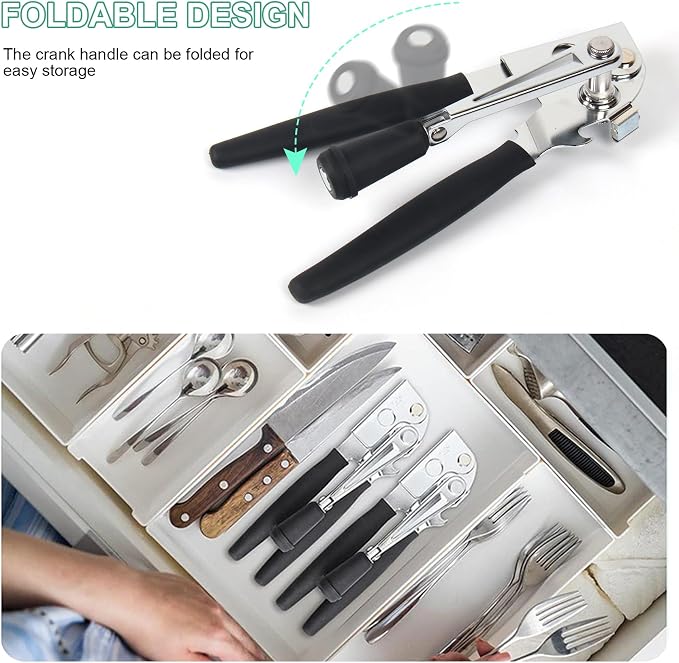 Manual Can Opener with Folding Crank Handle, Commercial Heavy Duty Hand Held Can Openers with Magnet, for Seniors with Comfortable Long Rubber Handle