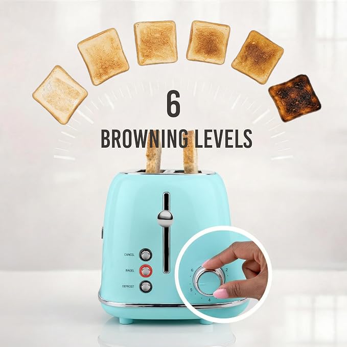 Nostalgia Classic Retro 2-Slice Toaster- Vintage Design- Enamel Coated Steel Body- Wide Slots for all Breads- Crumb Tray, Cord Storage- Defrost,Cancel and Bagel Function & 6 Toasting Levels- Aqua