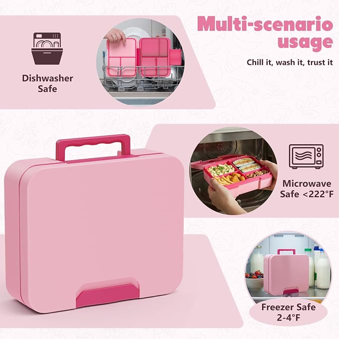WyfKyd Bento Lunch Box with Soup Thermo Hot Food Container for Kids Adults | Bento Box with 9.5oz Soup Thermo Kids Leak-proof Lunch Container with Stainless Steel Insulated Hot Food Jar for School Pink