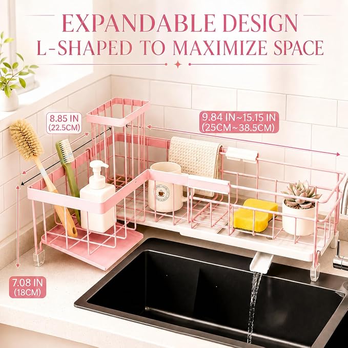 Extendable Corner Sink Sponge Holder, Quick-Drain Caddy For Kitchen Sink, Pink