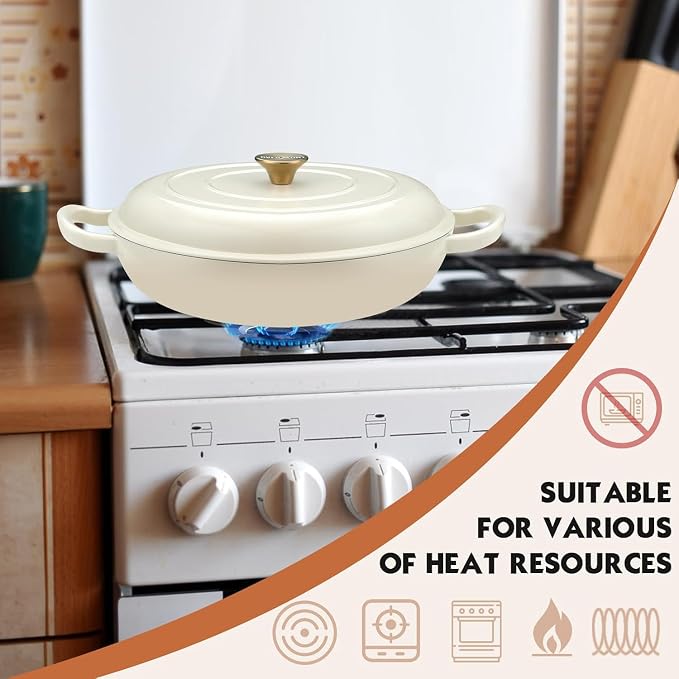 Overmont Enameled Cast Iron Dutch Oven - 3.8 QT Shallow Braiser with Recipe | Enameled Casserole with Lid Potholders, Oven Safe up to 500°F, Cast Iron Cookware for Grilling Searing Roasting Braising Bake