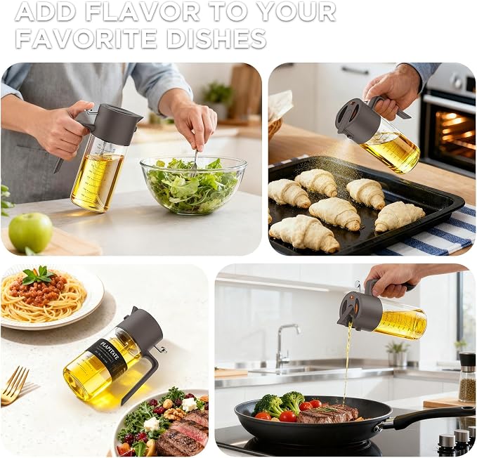 PLAPITATE 17oz/500ml Premium Olive Oil Sprayer for Cooking, 2 in 1 Glass Olive Oil Dispenser Bottle for Kitchen Gadgets, Spray Bottle with Portion Control for Salad, Frying, BBQ (Gray)