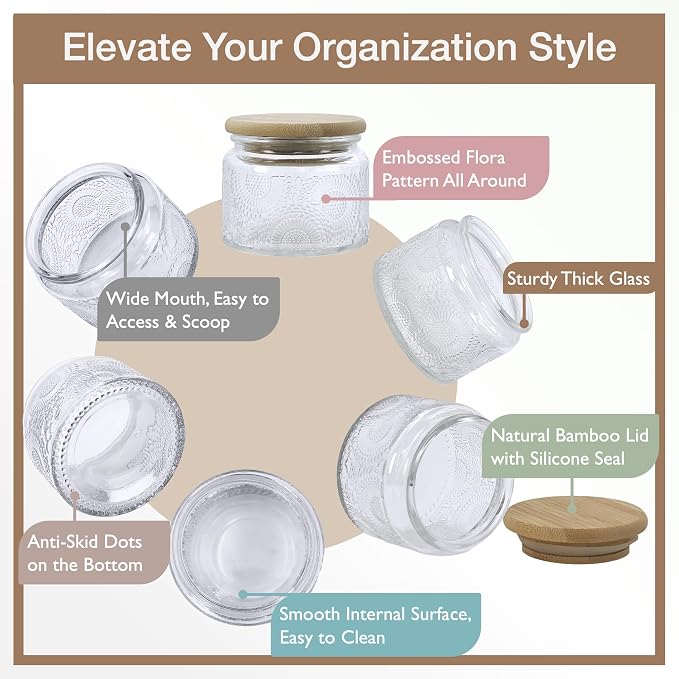 4 oz Decorative Small Glass Jars with Airtight Bamboo Lids, Clear 24 Pack | Vintage embossed containers, kitchen pantry bathroom organization & decor, spices herbs, candle making, DIY gifts favors