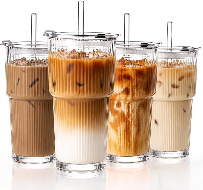 20oz Iced Coffee Cups with Lids, Ribbed Glass Cups with Lids and Straws | Thick Reusable Glass, Leak-Resistant Lids, Fits Most Car Cup Holders, For Iced Coffee, Tea, Smoothies and Cold Drinks
