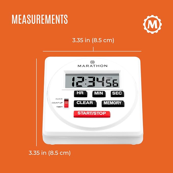 Marathon 24 Hour Digital Timer, White - Large, Easy-to-Read LCD Display - Loud Ring Alarm - Clock Feature - AA Battery Included