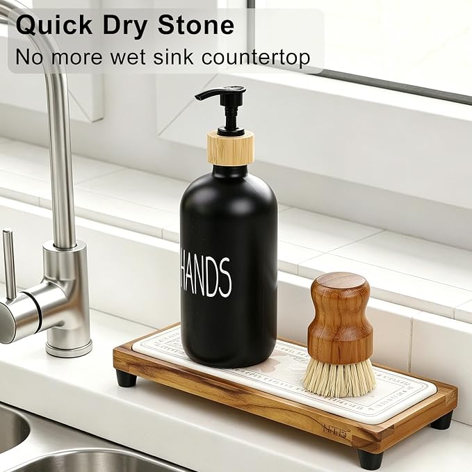 HTB Teak Instant Sink Caddy Organizer, Absorbing Stone Bathroom Tray Beige | Teak, Keep Dry, Caddy Organizer, Water Absorbing Stone, Non-Slip, Bathroom, Quick Drying, Warm Beige