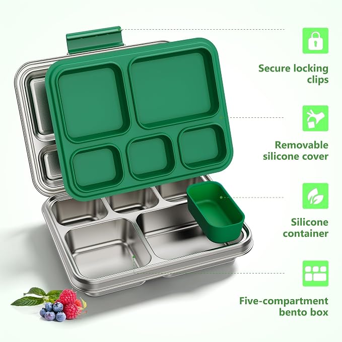 Pawtong Stainless Steel Lunch Box, 5-Compartment Bento Lunch Box for Kids & Adults,Metal Lunch Box with Removable Silicone Container, Lunch Box Containers for School,Office(Green)