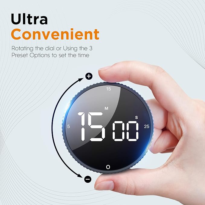 Digital Kitchen Timer - Magnetic Countdown Count Up Clock with Large LED Display, 5/15/25 Min Presets, 3 Volume Levels, Rotary Dial for Cooking, Productivity, Classroom, Fitness (1, Black)