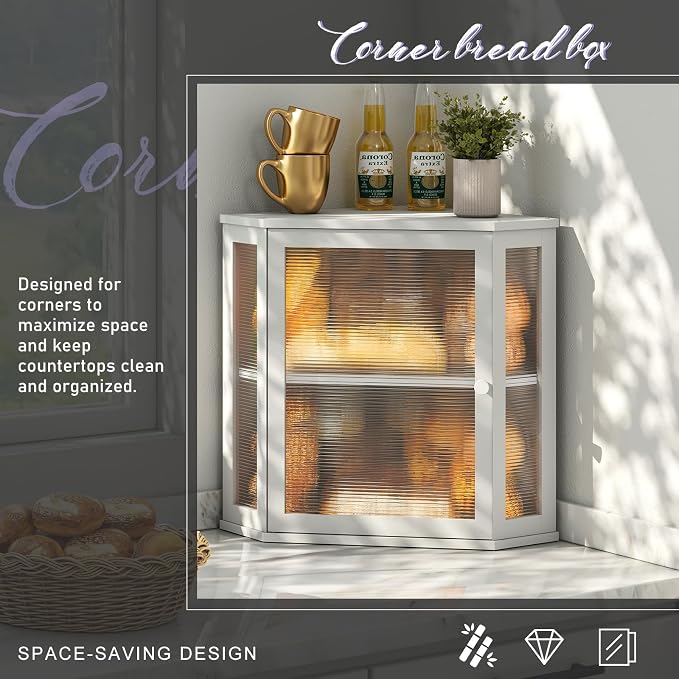 Corner Bread Box for Kitchen Countertop, Farmhouse Style with Acrylic Wavy Door Panel White Counter Bread boxes, Extra Large Food Storage Container
