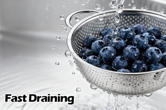 Leonyo Stainless Steel Colanders and Strainer Set, 3 Pack(1-3-5Quart) | Non-Toxic Metal Strainers and Colanders, Micro-Perforated Colander for Kitchen Draining Rinsing Steaming,Dishwasher Safe