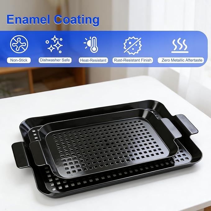 Grill Pan Set for Outdoor BBQ - 2PCS Non-Stick Enamel Grill Topper with Holes, Dishwasher Safe, Charcoal & Gas Grill Compatible (Large 14.4"x9.8" + Small 11"x7")