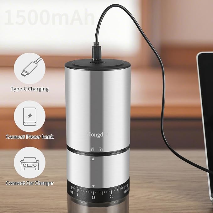 Mongdio Portable Electric Coffee Bean Grinder with 38 Adjustable Settings, Electric Burr Coffee Grinder Stainless Steel Core, For Traveling, Camping, Office, Silver