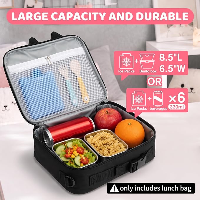 Insulated Lunch Bag lonchera for Teen Girl Boy Kid Bento Box Reusable Large Capacity Portable Waterproof Leakproof with Name Tag to School Office Picnic Travel (1PCS Lunch Bag) (Black)