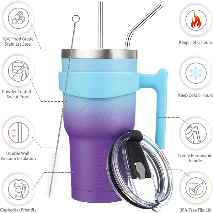 BJPKPK 30 oz Tumbler with Handle & Straw, Insulated Stainless Steel Mug | Double Wall Vacuum, Keeps Hot/Cold, Thermal Cup, BPA Free, Dishwasher Safe, Cupholder Fit, Coffee & Travel, Ocean Dream