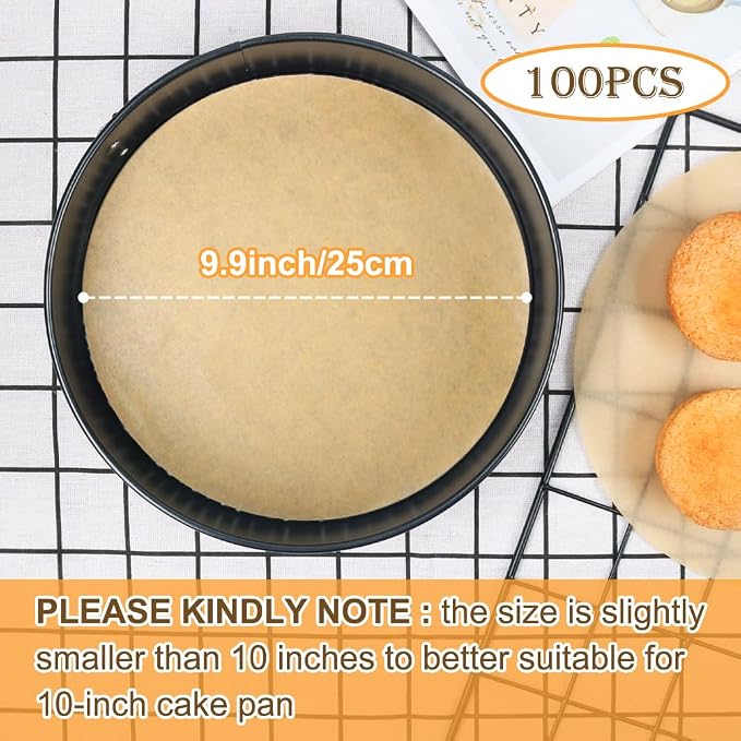 BYKITCHEN 10 Inch Parchment Paper Rounds for Baking, Non Stick Pre-cut Parchment Sheets for Tortilla Press, Quesadilla Maker, Pizza Pan, Cake Pan, Springform Pan and More(Set of 100)